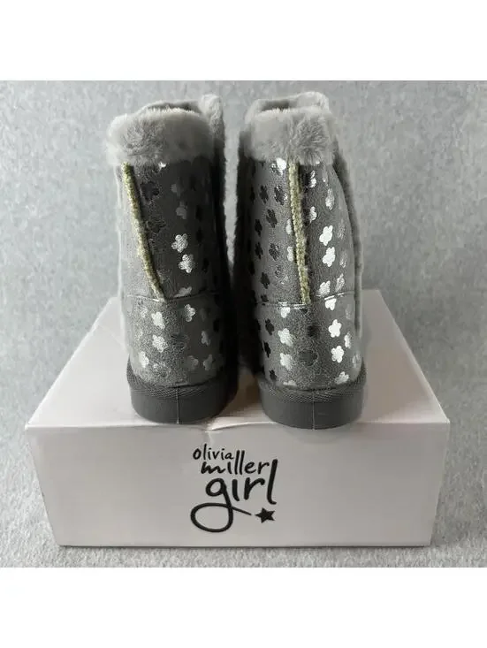 Olivia Miller Pull on Boots Girls Size 5 Youth Faux Fur Trim Gray Metallic - Picture 6 of 10